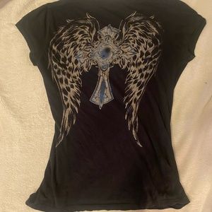 Black T shirt Cross on front, wings on back